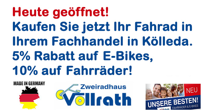 Heute geöffnet! Aktion: 5% Rabatt auf E-Bikes, 10% auf Fahrräder!